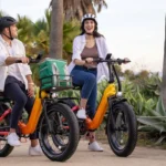 A Couple riding their Heybike Horizon Fat Tire Folding Ebike at sunset